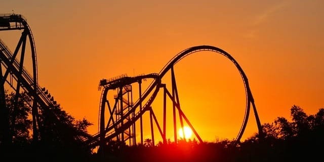 Photo of a roller coaster against an orange sky with the sun low on the horizon in the background