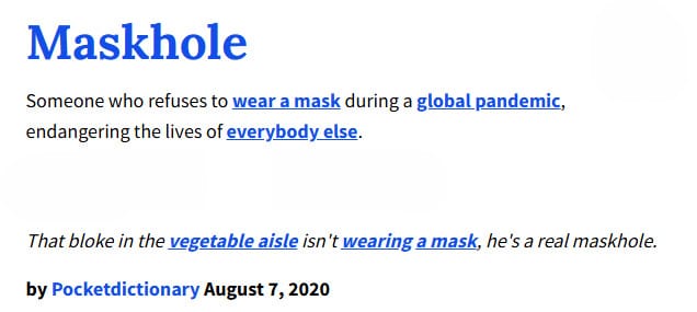 Screenshot from Urban Dictionary of the word maskhole, defined as someone who refuses to wear a mask during a global pandemic, endangering the lives of everybody else. 