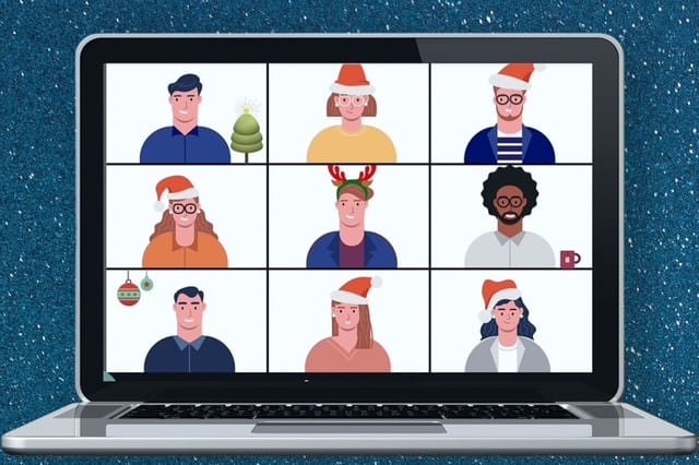 Diverse group of nine cartoon people in winter holiday attire on computer screen in a Zoom meeting