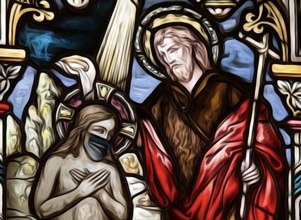 Stain glass art of masked Jesus receiving baptism