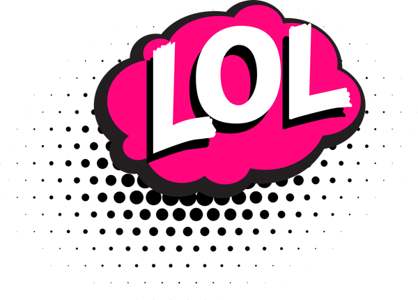 The phrase LOL In white letters against a red cloud-shaped background