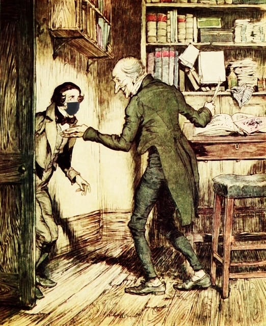 Drawing of Ebeneezer Scrooge and masked Bob Cratchit from original work A Christmas Carol by Charles Dickens (a public domain work)